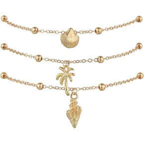 Boho Shell Anklet Bracelet Chain Gold Coconut Tree Ankle Conch Anklets Adjustable Handmade Beaded Chain Foot Jewelry Accessories for Women and Girls
