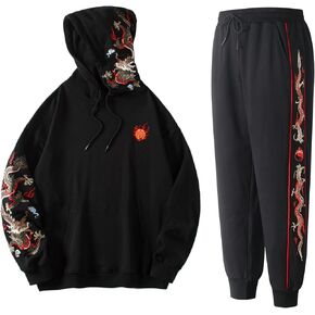 Niepce Inc Streetwear Men's Dragon Embroidered Graphic Hoodies and Jogger Pants Set (X-Large)