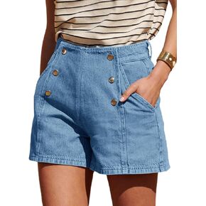 PLNOTME Womens Denim Shorts Mid Rise Casual Summer Loose Vintage Double Breasted Jean Shorts with Pockets
