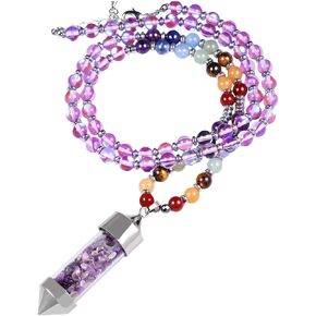 SUNYIK 6mm 7 Chakra Stone Necklace for Women Men, Amethyst Wishing Bottle Healing Crystal Point Pendant Wrapped Bracelet 30-32 Inch