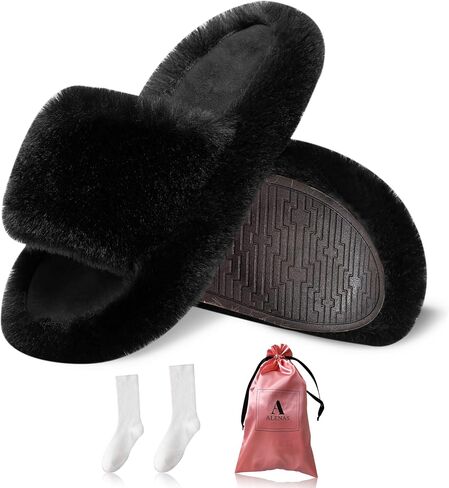 ALENAS Home Slippers for Women, Fuzzy Plush Faux Fur Lined Flip Flops, Fashion Gift Slippers with Anti-Slip Sole in Saudi Arabia