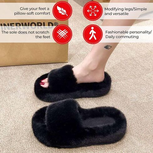 ALENAS Home Slippers for Women, Fuzzy Plush Faux Fur Lined Flip Flops, Fashion Gift Slippers with Anti-Slip Sole in Saudi Arabia
