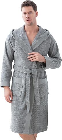 Turkish Cotton Terry Men's Bathrobe, OEKO-TEX® Certified Hooded, Kimono Terry Robe, Long Textured, Rice Weave Trim in Kuwait