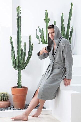 Turkish Cotton Terry Men's Bathrobe, OEKO-TEX® Certified Hooded, Kimono Terry Robe, Long Textured, Rice Weave Trim in Kuwait
