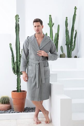 Turkish Cotton Terry Men's Bathrobe, OEKO-TEX® Certified Hooded, Kimono Terry Robe, Long Textured, Rice Weave Trim in Kuwait