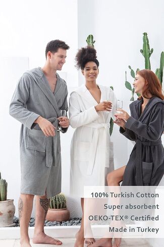 Turkish Cotton Terry Men's Bathrobe, OEKO-TEX® Certified Hooded, Kimono Terry Robe, Long Textured, Rice Weave Trim in Kuwait