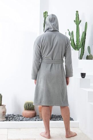 Turkish Cotton Terry Men's Bathrobe, OEKO-TEX® Certified Hooded, Kimono Terry Robe, Long Textured, Rice Weave Trim in Kuwait