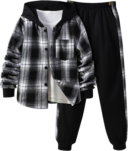 Little Boys Two Pieces Outfit Kids Plaid Color Front Button Down Hoodie Sweatshirt and Jogger Sweatpants Sets in Kuwait