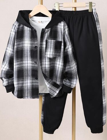 Little Boys Two Pieces Outfit Kids Plaid Color Front Button Down Hoodie Sweatshirt and Jogger Sweatpants Sets in Kuwait