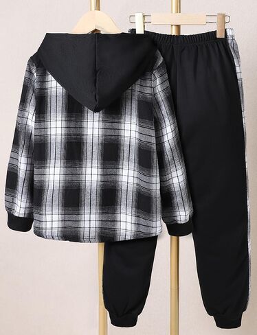 Little Boys Two Pieces Outfit Kids Plaid Color Front Button Down Hoodie Sweatshirt and Jogger Sweatpants Sets in Kuwait