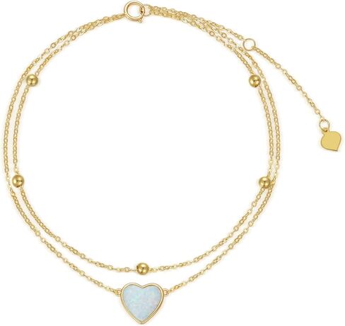 14K Solid Gold Heart Anklet for Women, Real Gold Layered Opal Anklet Bracelet Fine Jewelry Anniversary Birthday Mother's Day Gifts for Her, Wife, Mom, Girlfriend, 8''+2'' in Saudi Arabia