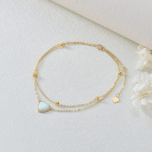14K Solid Gold Heart Anklet for Women, Real Gold Layered Opal Anklet Bracelet Fine Jewelry Anniversary Birthday Mother's Day Gifts for Her, Wife, Mom, Girlfriend, 8''+2'' in Saudi Arabia