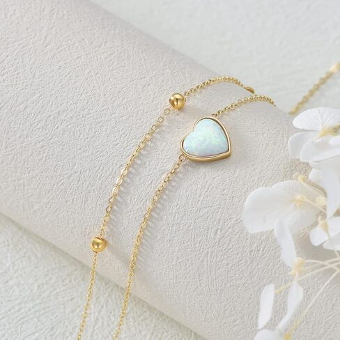 14K Solid Gold Heart Anklet for Women, Real Gold Layered Opal Anklet Bracelet Fine Jewelry Anniversary Birthday Mother's Day Gifts for Her, Wife, Mom, Girlfriend, 8''+2'' in Saudi Arabia