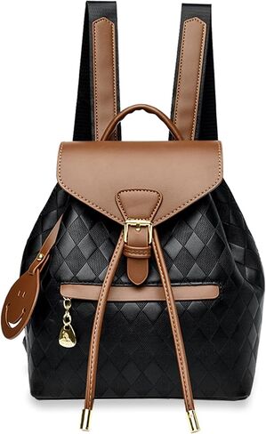 Small Backpack for Women, Drawstring Mini Backpack Faux Leather Flap Checkered Backpack Purse for Women-Black in Saudi Arabia