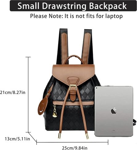 Small Backpack for Women, Drawstring Mini Backpack Faux Leather Flap Checkered Backpack Purse for Women-Black in Saudi Arabia