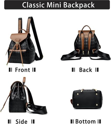 Small Backpack for Women, Drawstring Mini Backpack Faux Leather Flap Checkered Backpack Purse for Women-Black in Saudi Arabia