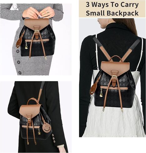 Small Backpack for Women, Drawstring Mini Backpack Faux Leather Flap Checkered Backpack Purse for Women-Black in Saudi Arabia