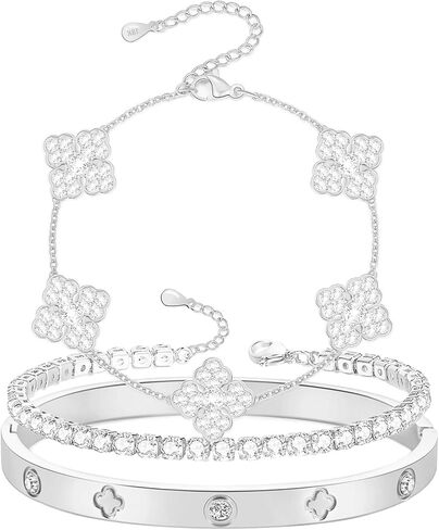 18K White Gold Silver Four Leaf Bracelets for Mom Lover Girlfriend Silver Tennis Bracelet Silver Plated Cubic Zirconia Four Leaf Bracelet Set for Women Girls Valentine's Day Gift Mother's Day Gifts in Saudi Arabia