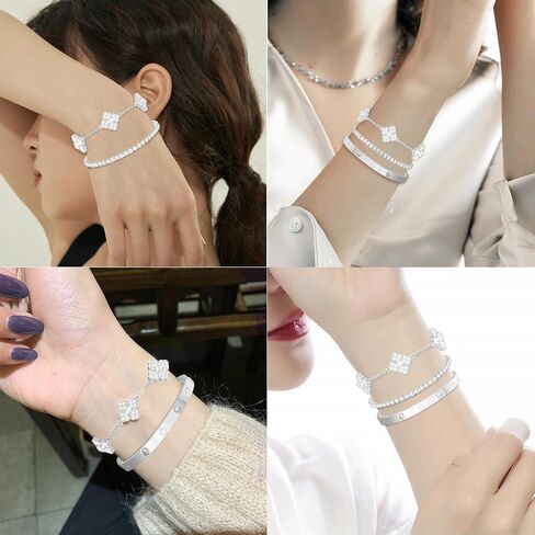 18K White Gold Silver Four Leaf Bracelets for Mom Lover Girlfriend Silver Tennis Bracelet Silver Plated Cubic Zirconia Four Leaf Bracelet Set for Women Girls Valentine's Day Gift Mother's Day Gifts in Saudi Arabia