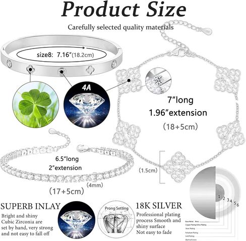 18K White Gold Silver Four Leaf Bracelets for Mom Lover Girlfriend Silver Tennis Bracelet Silver Plated Cubic Zirconia Four Leaf Bracelet Set for Women Girls Valentine's Day Gift Mother's Day Gifts in Saudi Arabia