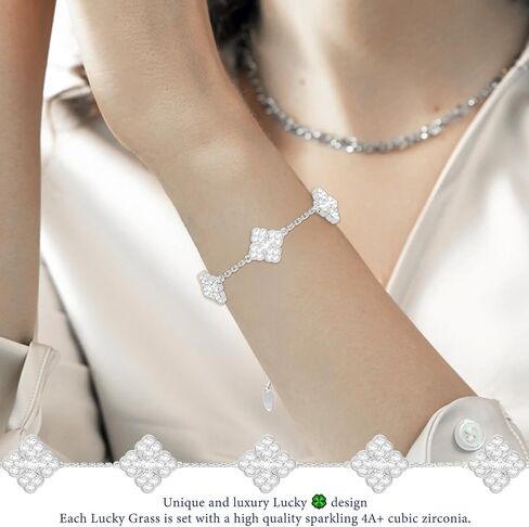 18K White Gold Silver Four Leaf Bracelets for Mom Lover Girlfriend Silver Tennis Bracelet Silver Plated Cubic Zirconia Four Leaf Bracelet Set for Women Girls Valentine's Day Gift Mother's Day Gifts in Saudi Arabia