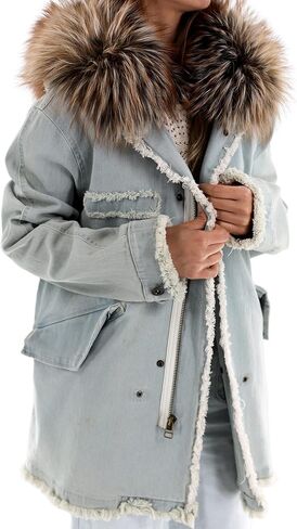 La Fiorentina Women's Denim Parka with Fox Fur Hood, Blue, Blue, M in Kuwait