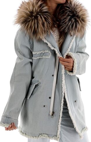 La Fiorentina Women's Denim Parka with Fox Fur Hood, Blue, Blue, M in Kuwait