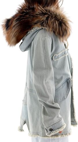 La Fiorentina Women's Denim Parka with Fox Fur Hood, Blue, Blue, M in Kuwait