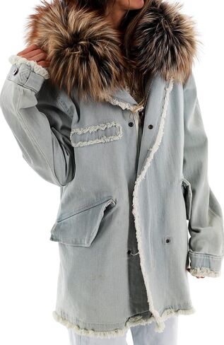 La Fiorentina Women's Denim Parka with Fox Fur Hood, Blue, Blue, M in Kuwait