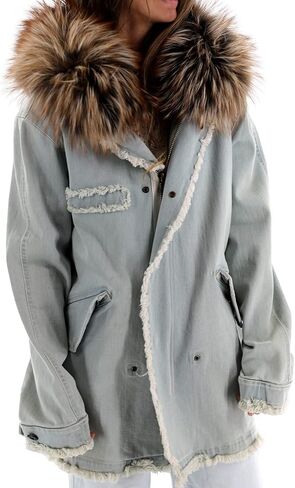 La Fiorentina Women's Denim Parka with Fox Fur Hood, Blue, Blue, M in Kuwait