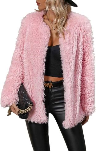 RED DOT BOUTIQUE 690 - Plus Size Open Front Statement Waterfall Collar Long Sleeves Fuzzy Coat Jacket Hot Pink Fuchsia in Saudi Arabia