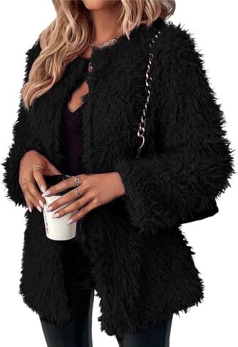 RED DOT BOUTIQUE 690 - Plus Size Open Front Statement Waterfall Collar Long Sleeves Fuzzy Coat Jacket Hot Pink Fuchsia in Kuwait