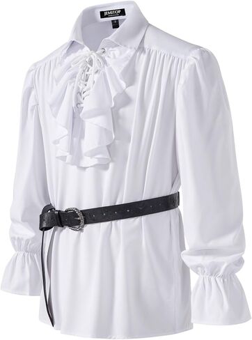 Men's Vintage Ruffled Lace Up Shirts for Vampire Pirate Renaissance Medieval Victorian Gothic Costume Without Belt in Saudi Arabia