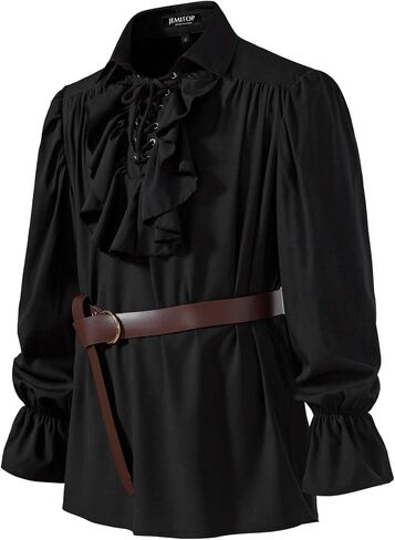 Men's Vintage Ruffled Lace Up Shirts for Vampire Pirate Renaissance Medieval Victorian Gothic Costume Without Belt in Saudi Arabia