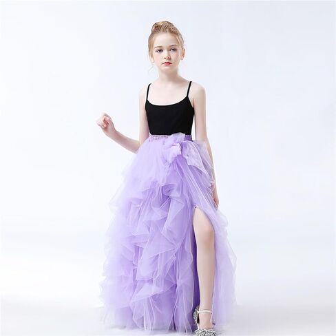 Qmker Girls Long Tutu Skirts Princess Slit Dress Candy Color Tulle Maxi Skirts Floor Length for Birthdany Party Handmade in Kuwait
