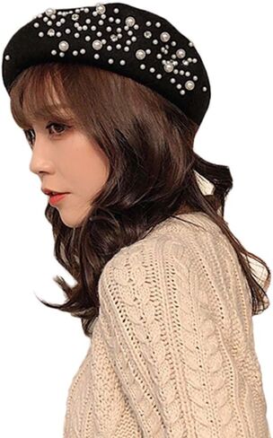 PURFANREE Women Girls Beaded Pearl Rhinestone Wool French Beret Hat Winter Artist Painter Hats Beanie Cap in Saudi Arabia