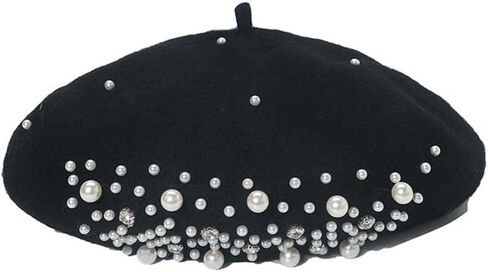 PURFANREE Women Girls Beaded Pearl Rhinestone Wool French Beret Hat Winter Artist Painter Hats Beanie Cap in Saudi Arabia