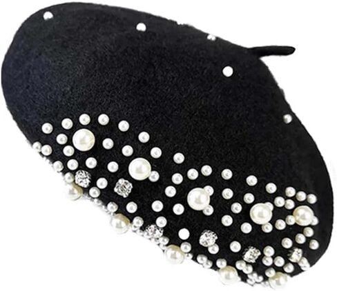 PURFANREE Women Girls Beaded Pearl Rhinestone Wool French Beret Hat Winter Artist Painter Hats Beanie Cap in Saudi Arabia