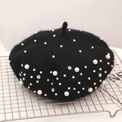 PURFANREE Women Girls Beaded Pearl Rhinestone Wool French Beret Hat Winter Artist Painter Hats Beanie Cap in Saudi Arabia
