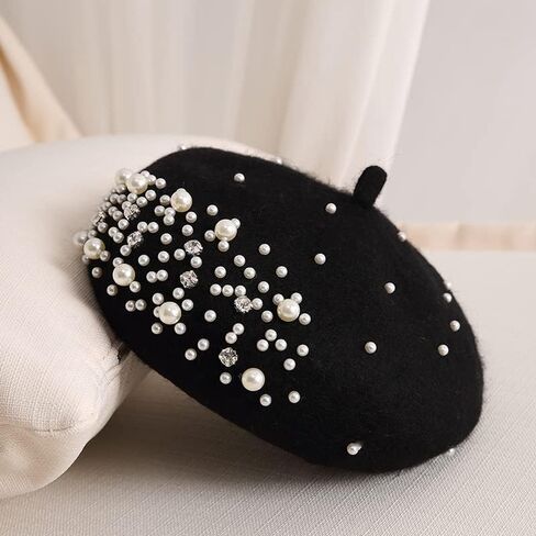 PURFANREE Women Girls Beaded Pearl Rhinestone Wool French Beret Hat Winter Artist Painter Hats Beanie Cap in Saudi Arabia