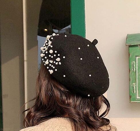 PURFANREE Women Girls Beaded Pearl Rhinestone Wool French Beret Hat Winter Artist Painter Hats Beanie Cap in Saudi Arabia