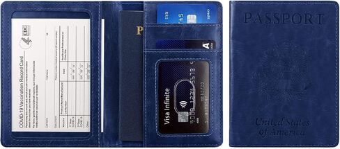 Passport and Vaccine Card Holder Combo,Passport Holder with Vaccine Card Slot,Pu Leather Travel Passport Case and Vaccine Card Protector,Durable Passport Wallet,Waterproof Passport Cover (Dark Blue) in Saudi Arabia