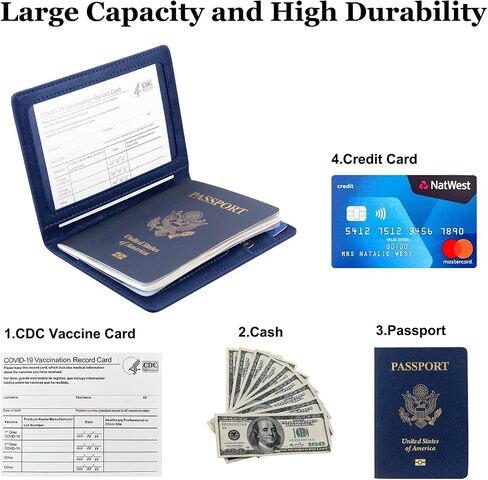 Passport and Vaccine Card Holder Combo,Passport Holder with Vaccine Card Slot,Pu Leather Travel Passport Case and Vaccine Card Protector,Durable Passport Wallet,Waterproof Passport Cover (Dark Blue) in Saudi Arabia