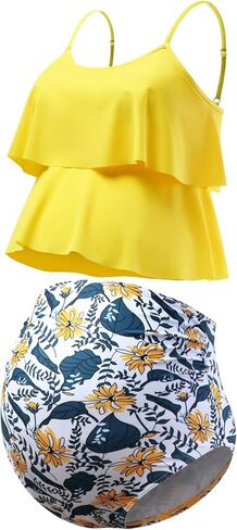 GINKANA Womens Maternity Tankini Swimsuits 2 Piece Maternity Swimwear Bathing Suit Double Ruffle Hem Pregnancy Swimming Suits in Saudi Arabia