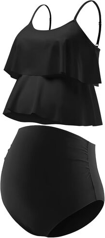 GINKANA Womens Maternity Tankini Swimsuits 2 Piece Maternity Swimwear Bathing Suit Double Ruffle Hem Pregnancy Swimming Suits in Saudi Arabia