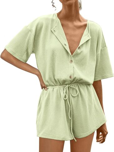 PRETTYGARDEN Button Up Short Rompers for Women Summer Dressy 2024 Casual One Piece Jumpsuits Elastic Waist Shorts Pockets in Kuwait