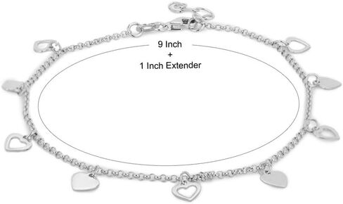 Vanbelle Sterling Silver Jewelry - Rhodium Plated 925 Stamp - Dangling Open and Close Heart Charm Anklet - Foot Jewelry Stylish Beautifully Designed - 9" Long + 1" Extender in Kuwait