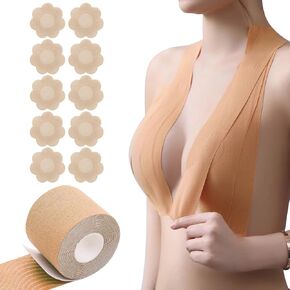 Boobytape for Breast Lift,Boob Tape with 5 Pairs Disposable Nipple Covers,Lifting Boobtape for Large Breasts Dress Sport Beige