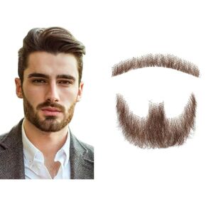 Fake Mustache, Natural Looking Human Hair Fake Beard, Premium Invisible Lace Realistic Costume Beard for Halloween, Parties, Cosplay or Film Makeup (Brown Fake Mustache)