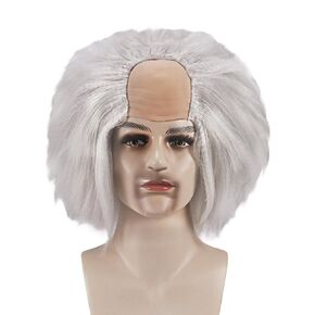 White Wig with Bald, Adult Short Afro Snow White Wig for Mad Scientist Wig, One Size Old Man Halloween Wig Costumes for Men's Halloween Office Daily Cosplay Party (Silver)